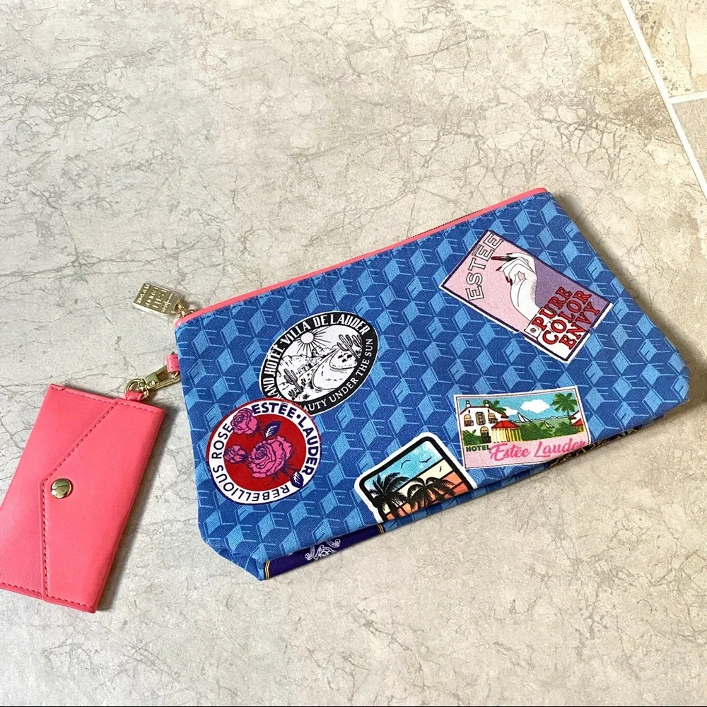 ESTEE LAUDER Cosmetic Makeup Pouch zipper Bag TRAVEL THEME with Card Holder case